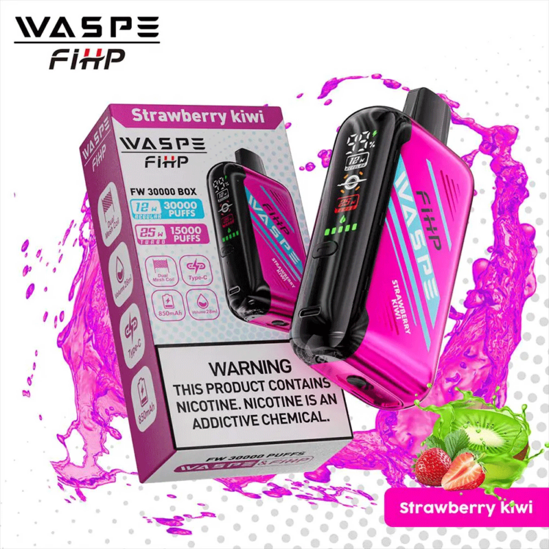 "WASPE FiiHP vape-apparaat en verpakking, met een roze en zwart ontwerp met de smaak 'Strawberry Kiwi'. De doos bevat 30.000 trekjes, een capaciteit van 12 ml, een 850 mAh-batterij, Type-C-opladen en een nicotinegehalte van 25 mg. Op het waarschuwingslabel staat dat nicotine verslavend is."