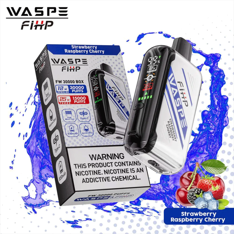 WASPE FiHP wegwerp-vape in de smaak Strawberry Raspberry Cherry met verpakking, goed voor 30.000 trekjes, 850mAh-batterij, nicotinegehalte van 25 mg en een waarschuwing over nicotine.