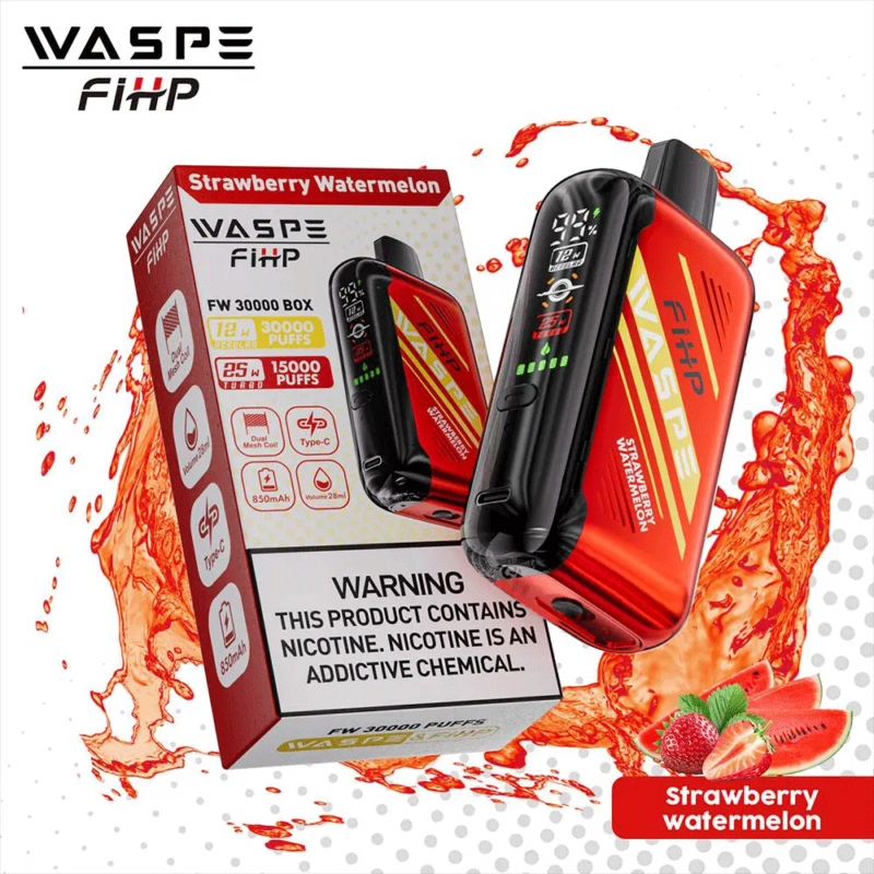 WASPE FiHP wegwerp-vape-apparaat in de smaak Strawberry Watermelon, met 30.000 trekjes, 25%-nicotine, een Type-C-oplaadpoort, dubbele mesh-spoel, 850 mAh-batterij en een e-liquidcapaciteit van 28 ml.