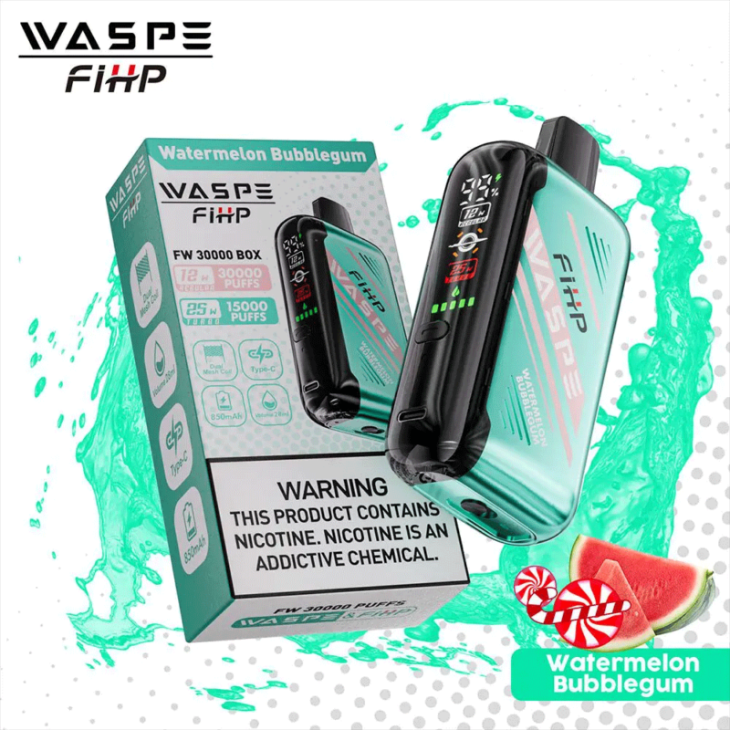 WASPE FiiHP FW 30000 Box vape-apparaat in de smaak "Watermelon Bubblegum" met verpakking, met een oplaadbaar ontwerp, 30.000 trekjes, 25 mg nicotine, 850 mAh-batterij en een Type-C-oplaadpoort.