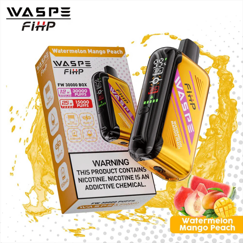 "WASPE FiHP wegwerp-vapebox en -apparaat in de smaak Watermelon Mango Peach, goed voor maximaal 30.000 trekjes, met nicotinewaarschuwingslabel."