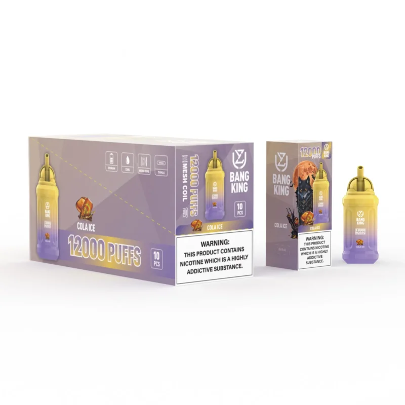 Verpackung des Bang King Cola Ice-Vaporizers mit violettem und gelbem Design, der Aufschrift „12.000 Puffs“ und einem Nikotinwarnhinweis.