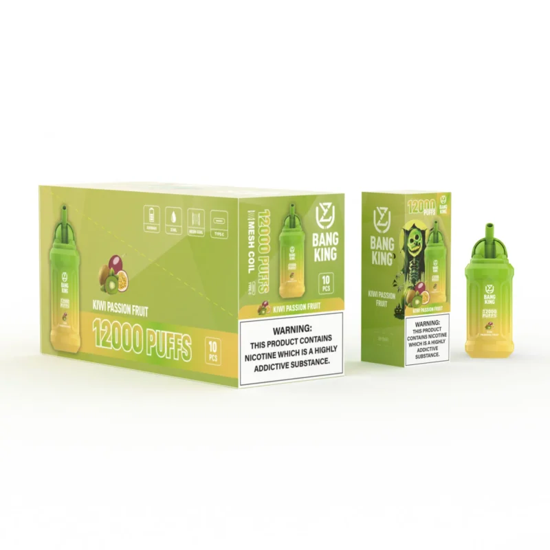 Verpackung des Einweg-Vaporizers Bang King Kiwi Passion Fruit 12000 Puff mit grün gefärbtem Motiv und einer deutlichen Nikotinwarnung.