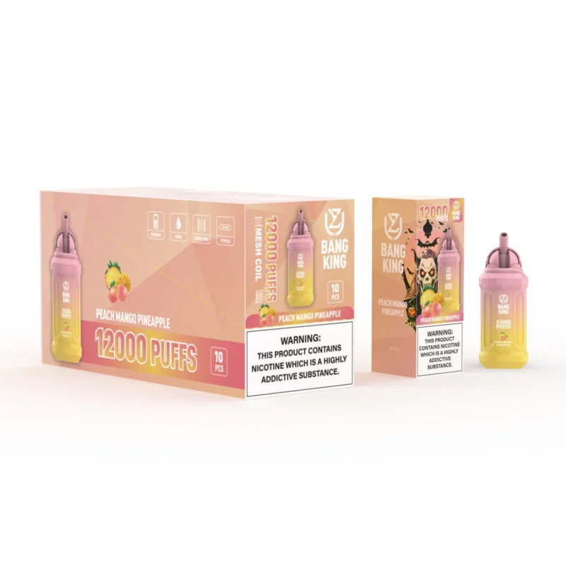 Verpackung der Einweg-E-Zigarette von Bang King mit Pfirsich-Mango-Ananas-Geschmack. Bietet 12.000 Züge pro Einheit und deutlich sichtbare Warnhinweise zum Nikotingehalt.