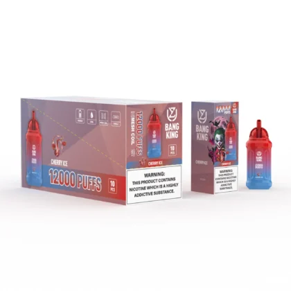 Packaging for Bang King Cherry Ice disposable vape displaying a red and blue device, featuring 12,000 puffs with a nicotine warning label.