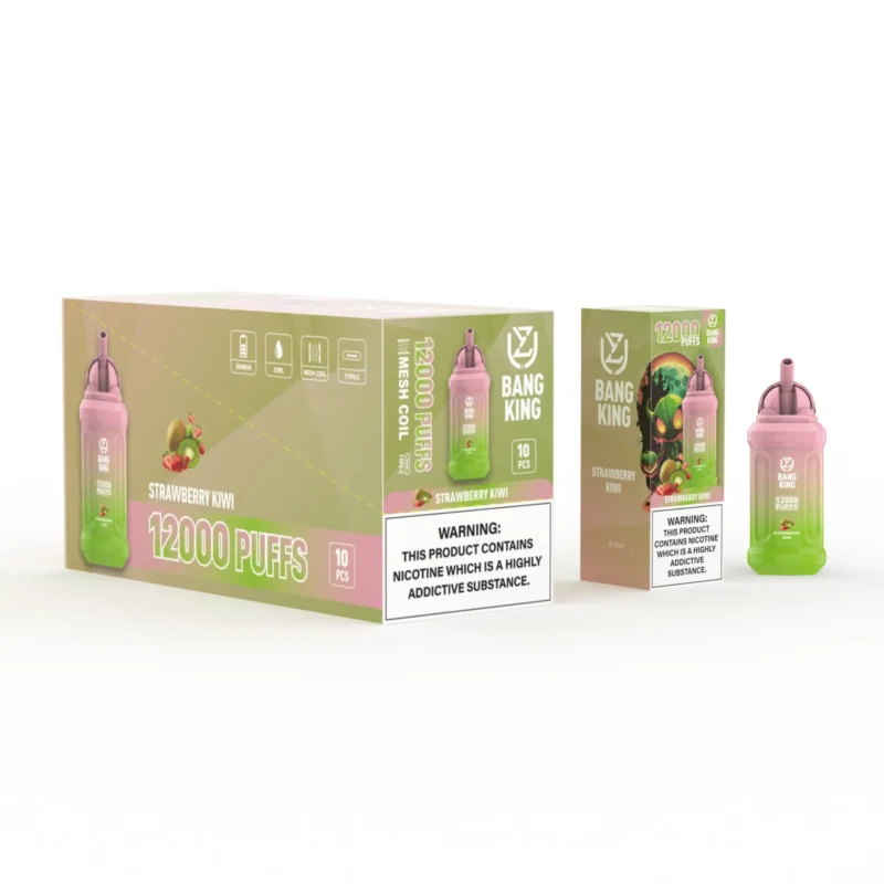 Verpackung des Bang King Strawberry Kiwi Vape mit 12.000 Zügen und hervorgehobener Nikotinwarnung.
