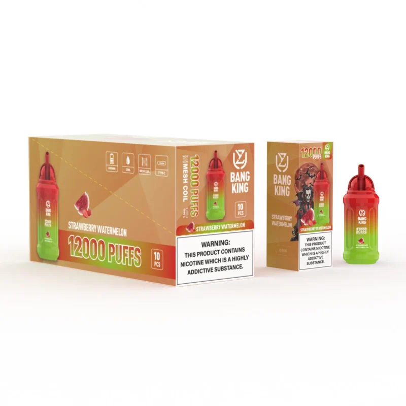 Verpackung des Bang King Vape mit Erdbeer-Wassermelonen-Geschmack, bietet 12.000 Züge und ist mit einem deutlichen Warnhinweis zum Nikotingehalt versehen.