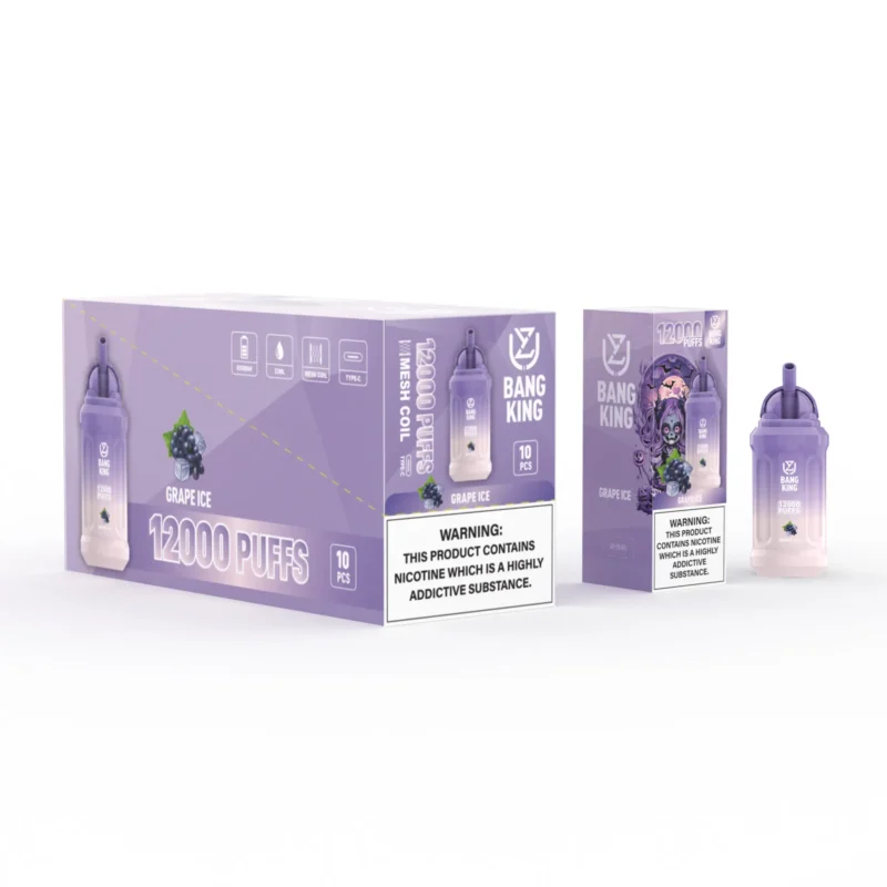 Verpackung für das Dampfgerät Bang King Grape Ice. Zu sehen ist eine große Schachtel mit der Aufschrift „12000 Züge“ und einer Warnung vor Nikotinsucht.