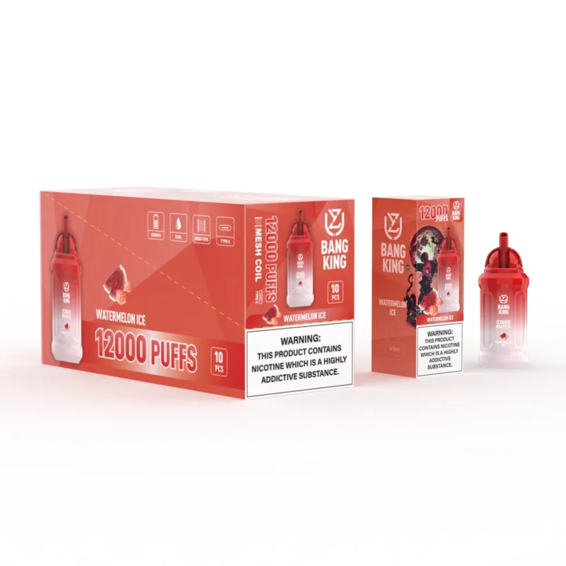 Ein rot-weißes Verpackungsset für die Einweg-Verdampfer Bang King Watermelon Ice mit einem Produktbild, dem Etikett „12000 Züge“ und einer Warnung vor Nikotinsucht.