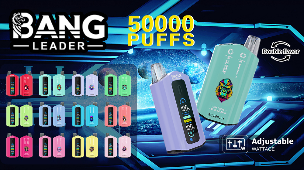 Kampanjbild med Bang Leader vape-enheter i olika färger och mönster, som framhäver funktioner som 50 000 bloss, dubbel smak och justerbar effekt.