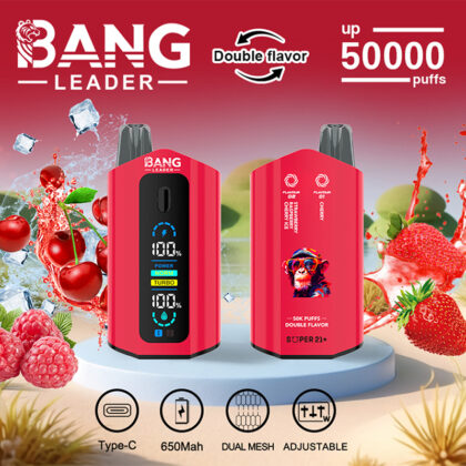 Werbebild eines Bang Leader-Vaping-Geräts mit doppelten Geschmacksoptionen, 50.000 Zügen Kapazität, einem 650 mAh-Akku und Dual-Mesh-Technologie, inmitten von Fruchtgrafiken wie Erdbeeren und Kirschen.