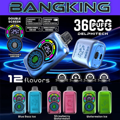 Werbebild für Bangking-Vaporizer, das vier farbenfrohe Einweg-Vaporizer mit digitalen Anzeigen zeigt und Funktionen wie 36.000 Züge, Doppelbildschirm und 12 verschiedene Geschmacksrichtungen hervorhebt.