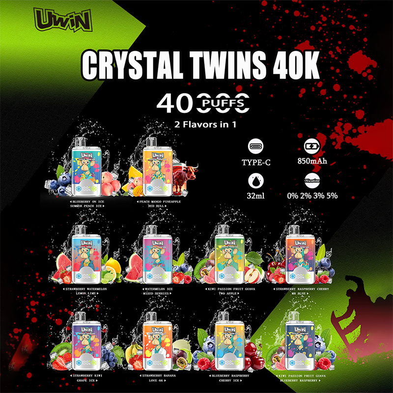 Promotion for Uwin Twins Crystal 40000 Puffs disposable vape, showcasing various fruit-flavored vape models, technical specifications, and Double Flavor options over a dynamic graphic background.