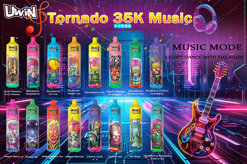 An advertisement for UWIN Tornado 35K Music vape devices featuring 16 colorful designs with various flavors like Strawberry Ice, Cherry Cola, and Blueberry On Ice, set against a vibrant music-themed background with musical notes and a neon electric guitar, emphasizing 'MUSIC MODE' where lights dance with the music.