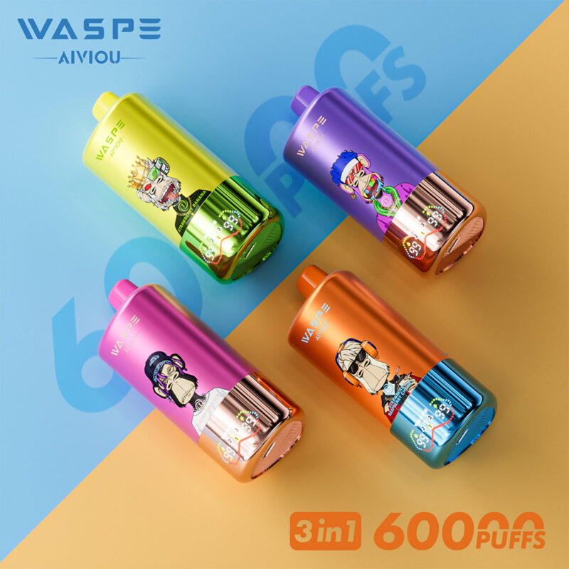 Four colorful vaping devices with cartoon character designs arranged on a blue and orange background, featuring text '60000 puffs' and '3 in 1'.