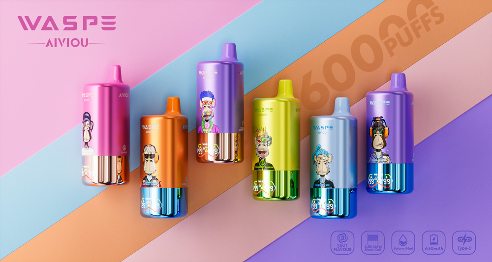 Colorful vape products with cartoon designs are displayed against a pastel striped background, highlighting features like 6000 puffs and Type-C charging.