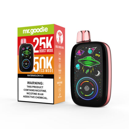 A vaping device with space-themed designs next to its colorful packaging, which highlights dual mode options and includes a nicotine warning.