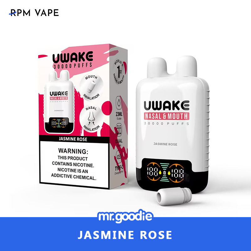 Product image of Uwake Jasmine Rose vape and its packaging, labeled for nasal and mouth inhalation, with a warning about nicotine content.