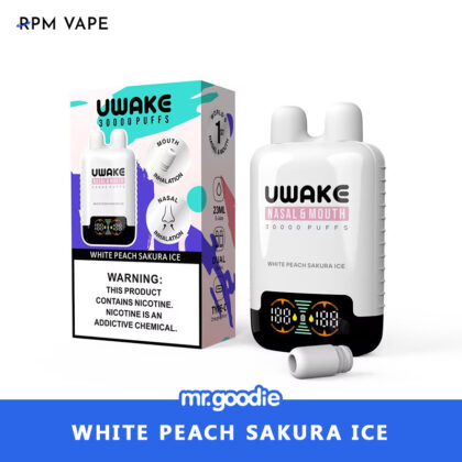 Product image of a "UWake Nasal & Mouth" vape device and box, offering 30,000 puffs with a White Peach Sakura Ice flavor, accompanied by a nicotine warning label.