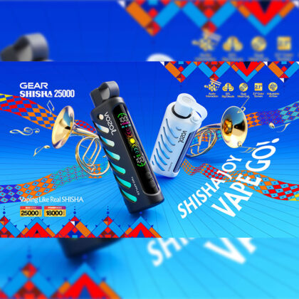 Promotional image of two Vozol Gear Shisha 25000 vaping devices, in black and white, displayed on a blue geometric background with colorful accents and musical instruments, showcasing features such as adjustable airflow and vibrant screen designs.