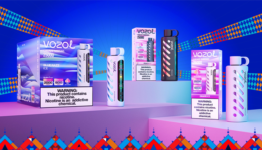 Promotional display of Vozol Gear Shisha vaping products in varied flavors with packaging, warning labels, and colorful geometric decorations.