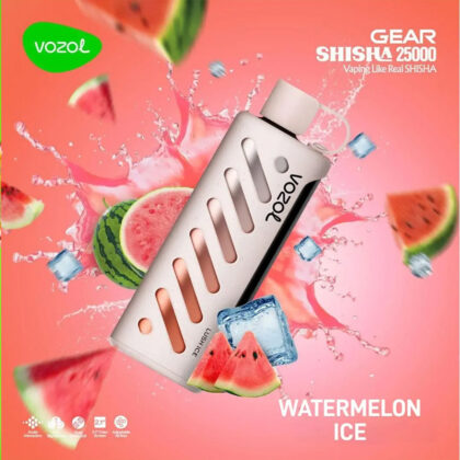 Promotional image of the Vozol Gear Shisha 25000 vaping device featuring a watermelon ice flavor, with watermelon slices, ice cubes, and splashes of water on a pink background.