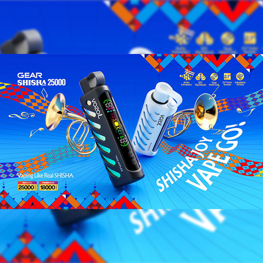 Promotional image of two Vozol Gear Shisha 25000 vaping devices, in black and white, displayed on a blue geometric background with colorful accents and musical instruments, showcasing features such as adjustable airflow and vibrant screen designs.