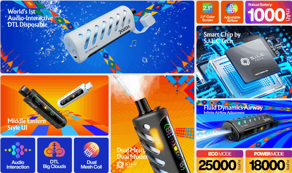 An advertisement showcasing a disposable electronic vaping device with audio-interactive features, smart chip technology, adjustable airflow, and distinct design elements including a Middle Eastern-inspired interface and dual mesh coils.