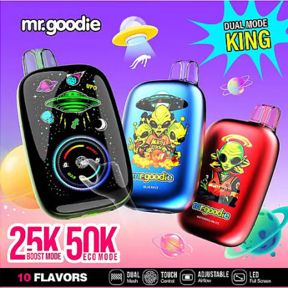 Publicité colorée mettant en vedette les vapes Mr. Goodie avec des designs sur le thème des extraterrestres, mettant en évidence la fonctionnalité de mode double avec les modes boost et éco, disponibles en 10 saveurs.