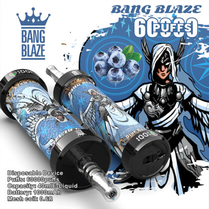 Pubblicità grafica per un dispositivo di svapo usa e getta denominato Bang Blaze con immagini al gusto di mirtillo, che mostra le specifiche del prodotto insieme a illustrazioni artistiche di personaggi e uno sfondo nei toni del blu.