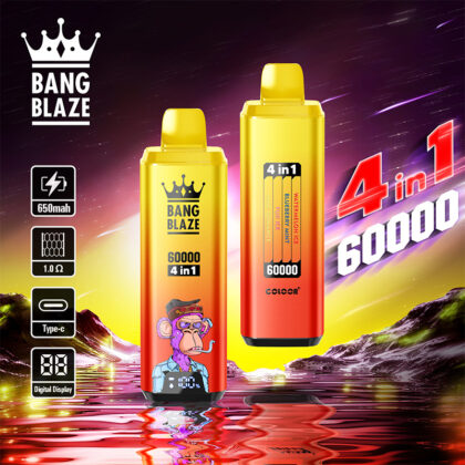 Advertising image for Bang Blaze 4-in-1 vape device, featuring two colorful vape pens with digital display, 650mAh capacity, 1.0 Ohm resistance, and Type-C charging, set against a vibrant cosmic landscape.