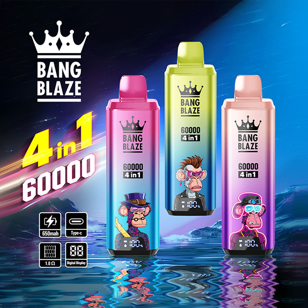 Promotional image for Bang Blaze vaping devices with colorful designs featuring cartoon monkeys, highlighting features like 4-in-1 functionality, 60,000 puffs, 650mAh battery, Type-C charging, 1.0Ω resistance, and digital display, set against a stylized water and sky background.