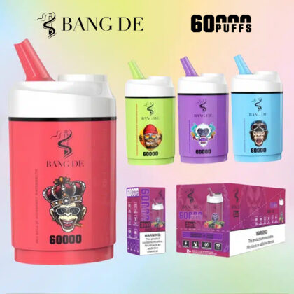 Four colorful vape devices from Bang De, each with distinct artwork and labeled '60000 puffs,' displayed alongside their packaging on a gradient background.