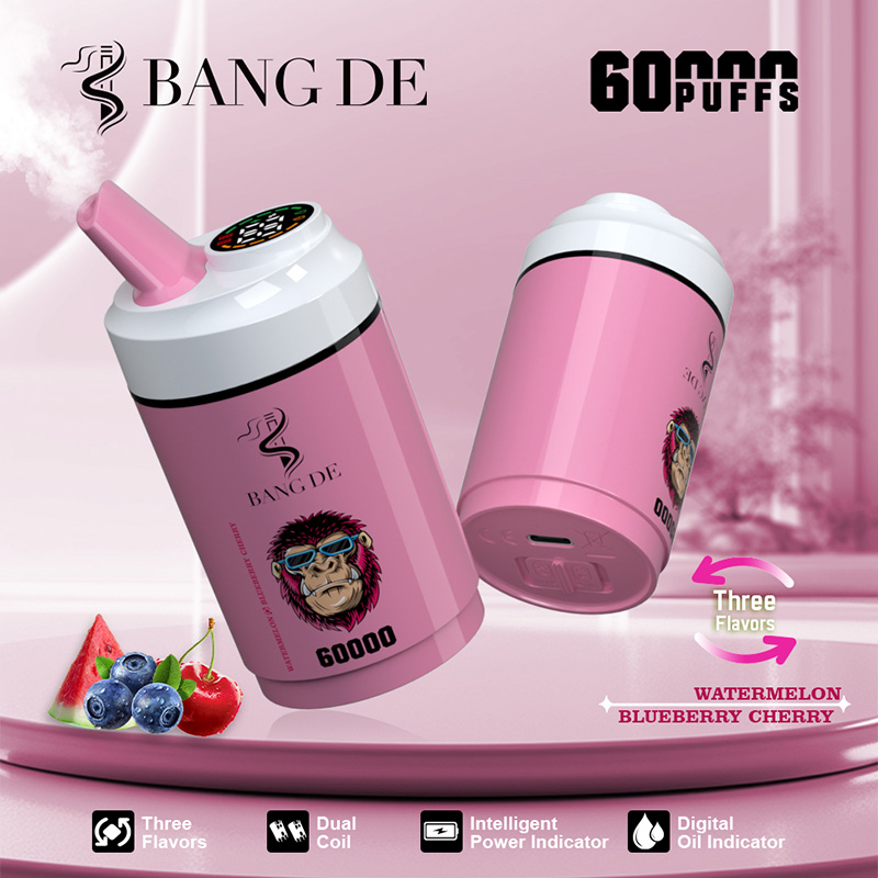 Promotional image of a pink electronic vape device branded 'Bang De' with illustrated gorilla face, offering 60,000 puffs and three flavors: watermelon, blueberry, cherry, with features like dual coil and digital indicators.