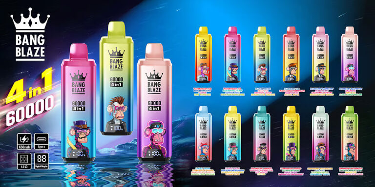An advertisement featuring various Bang Blaze 4-in-1 vaping devices, showcasing colorful designs with cartoon characters, flavor choices, and product specifications like 60000 puffs, 650mAh battery, and Type-C charging.