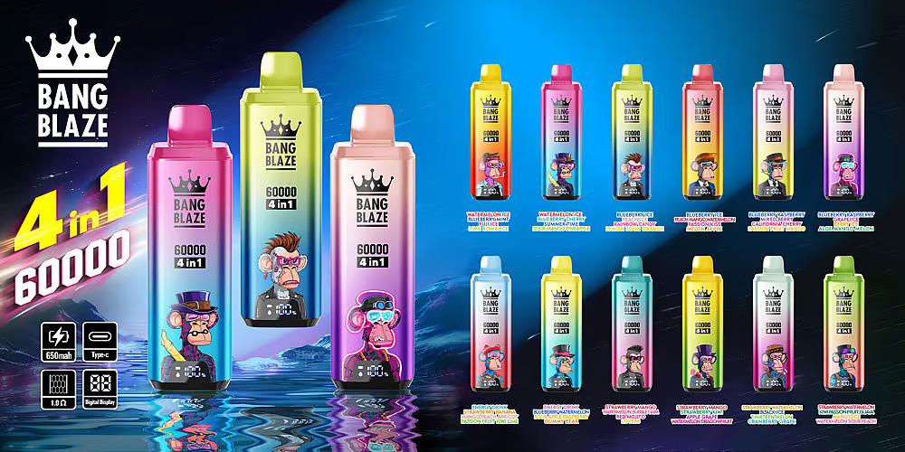 An advertisement featuring various Bang Blaze 60000 Puffs devices, showcasing colorful designs with cartoon characters, 4 in 1 flavor, and product specifications like 60000 puffs, 650mAh battery, and Type-C charging.