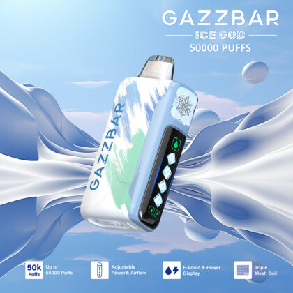 Advertisement for the GAZZBAR Ice God electronic vaporizer, featuring up to 50,000 puffs, adjustable power and airflow, and a triple mesh coil system, against a stylized icy background.