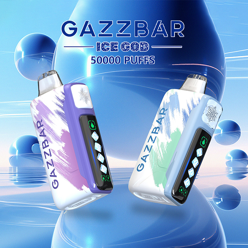 Advertisement featuring two Gazzbar Ice God vape devices with colorful designs against a futuristic blue background showing water and abstract reflections; text highlights 50,000 puffs.
