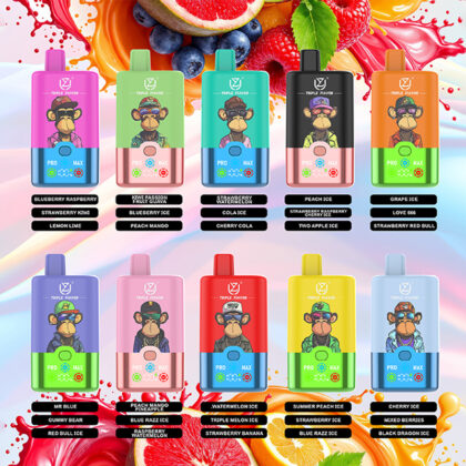 Colorful display of assorted flavored vape devices, each featuring a cartoon monkey design and labeled with flavor names such as "Blueberry Raspberry," "Peach Mango," and "Watermelon Ice," against a vibrant fruity background.
