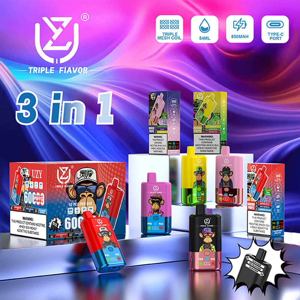 Promotional image for UZY Triple Flavor products featuring stylish vape devices in various colors, accompanied by packaging showing bright designs and featuring units per box, branding, and nicotine warning labels amidst a colorful swirling background.