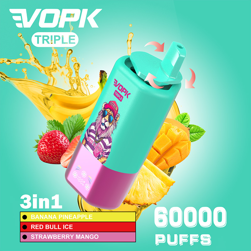 A promotional image of the EVOK Triple vape featuring a turquoise and pink device with a lion illustration, accompanied by fruit representations for the flavors Banana Pineapple, Red Bull Ice, and Strawberry Mango, highlighting its capacity of 60,000 puffs.