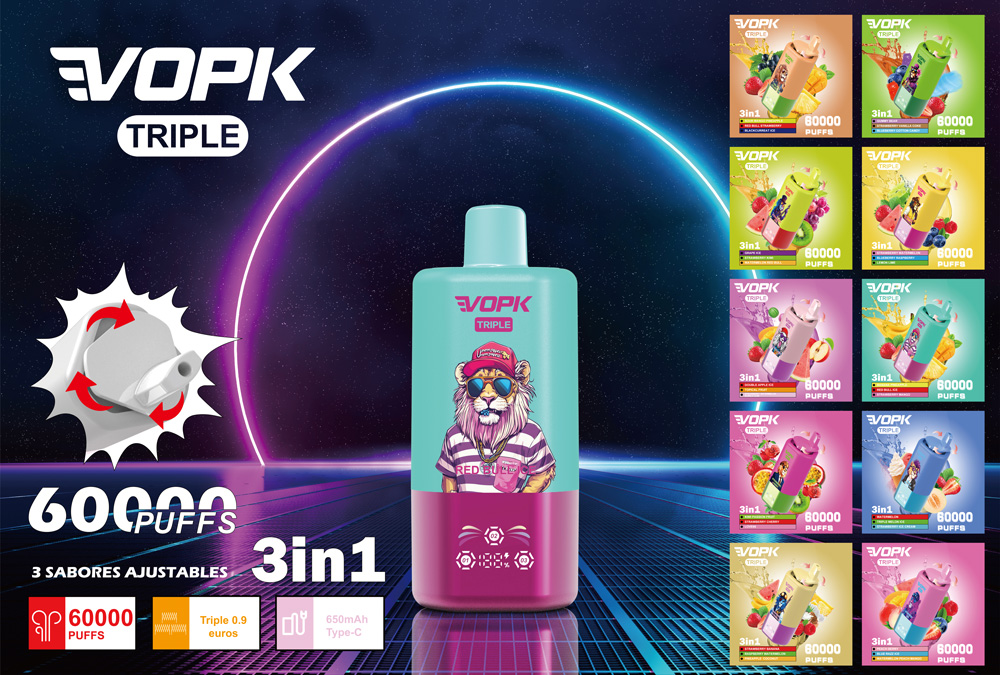 Promotional image for VOPK Triple 60000 puffs, a disposable vape device offering 60,000 puffs with adjustable flavors; features a colorful lion illustration on the device and showcases multiple available flavor options.