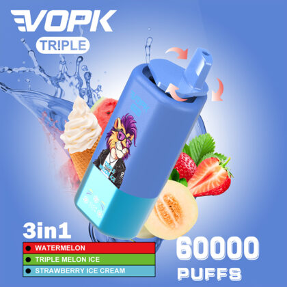 Promotional image of the VOPK Triple vape device, featuring a blue body and a rotating flavor selector, with flavors Watermelon, Triple Melon Ice, and Strawberry Ice Cream. Background includes an ice cream cone, watermelon slices, strawberries, and dining motifs, emphasizing the 60,000 puff capacity.