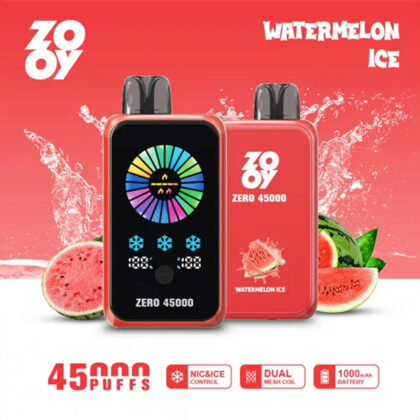 Two Zooy Zero 45000 disposable vaping devices on a red background advertising the Watermelon Ice flavor, surrounded by watermelon images, with features like 45,000 puffs and NIC & ICE control displayed.