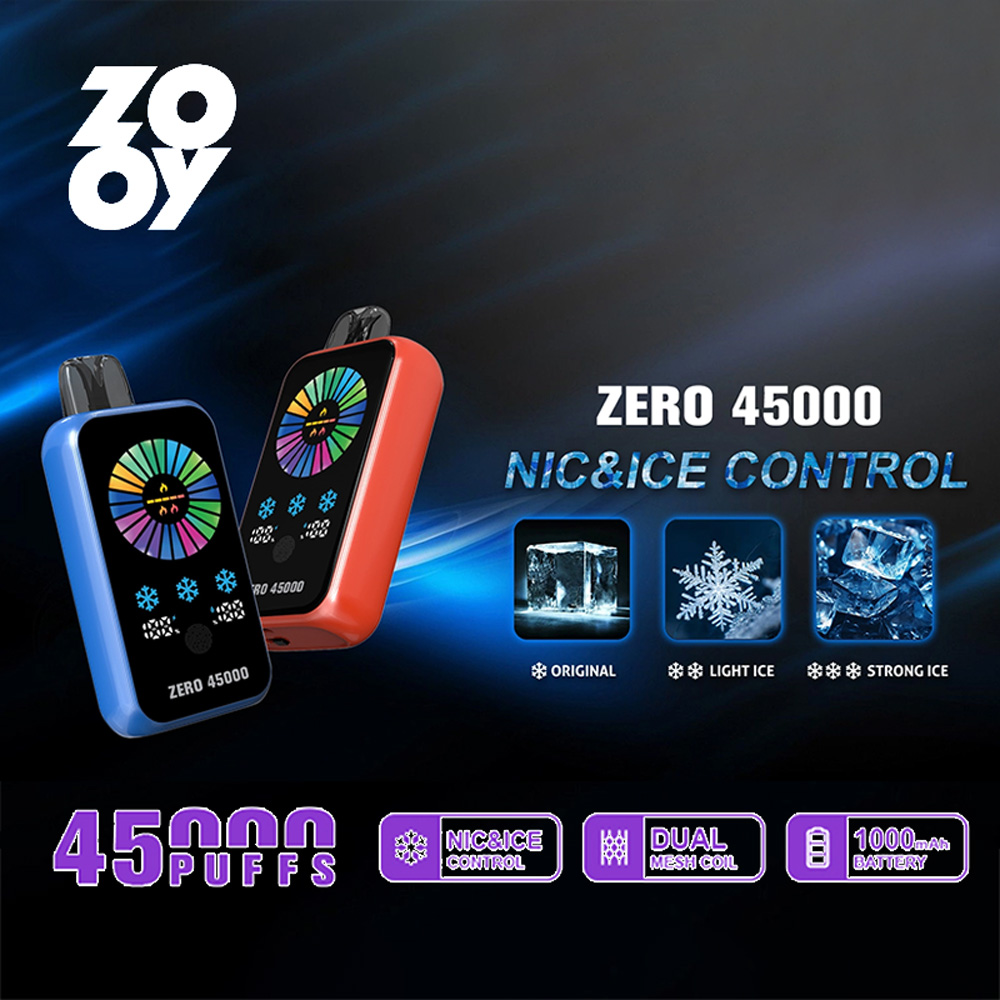 Promotional image showcasing the ZOOY Zero 45000 vape with adjustable nicotine and ice settings, highlighted in blue and red models with 45,000 puffs capacity and features like dual mesh coil and 1000 mAh battery.