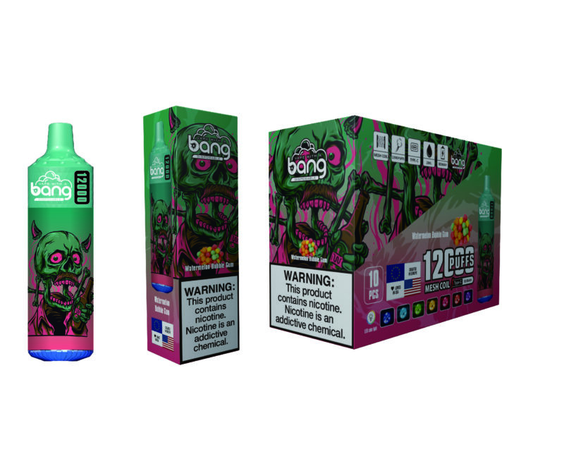 Design del packaging e del prodotto per la sigaretta elettronica usa e getta Bang al gusto Watermelon Bubble Gum, con grafiche vivaci tra cui un'illustrazione di uno zombie verde e un testo che evidenzia 1200 tiri, una bobina a rete e avvertenze sulla nicotina.