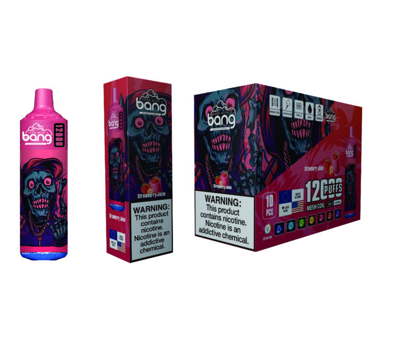 Un set di packaging e design di prodotto per un dispositivo per lo svapo con il marchio 'Bang', caratterizzato da un aroma di succo di fragola, uno stile grafico audace che incorpora un volto scheletrico e avvertenze sul contenuto di nicotina.