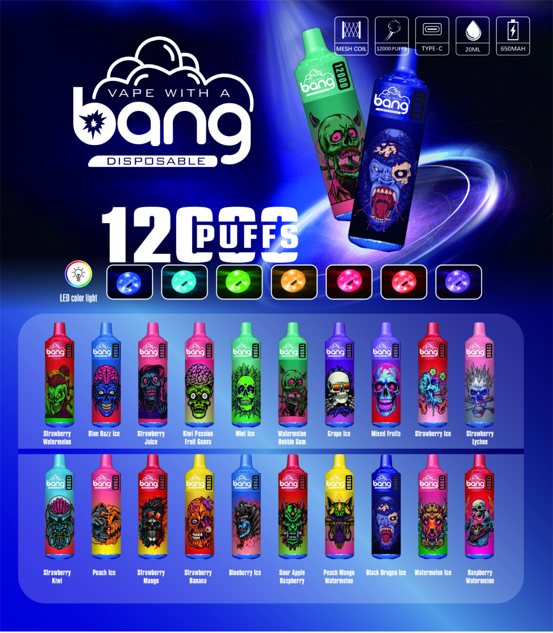 Image promotionnelle pour la vape jetable Bang présentant diverses saveurs de fruits avec des designs d'emballage colorés et des indicateurs lumineux LED, mettant en évidence une capacité de 12 000 bouffées.