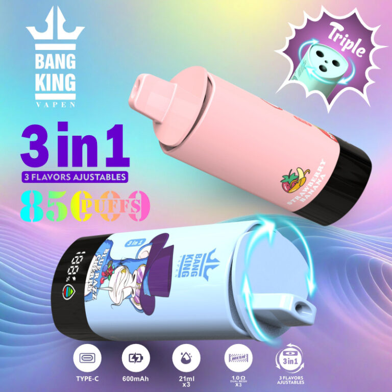 Immagine promozionale per Bang King Vapen che presenta un dispositivo per lo svapo 3 in 1 che offre 8500 tiri, disponibile in più colori e design con un'opzione al gusto fragola e banana, evidenziando caratteristiche come la ricarica Type-C, la batteria da 600 mAh e una capacità del liquido di 21 ml per ciascuno dei tre gusti.