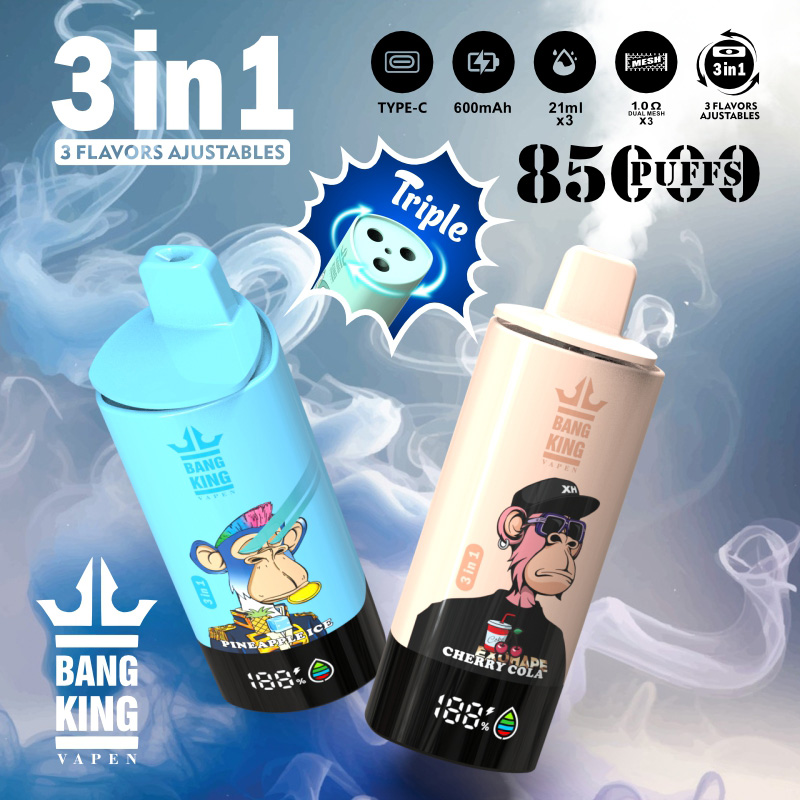 Reklambild med två Bang King Vapen-enheter med tecknade apor som annonserar "3 justerbara smaker" och "85 puffar" med specifikationer som typ-C-laddning och ett 600 mAh-batteri bland virvlande rök.